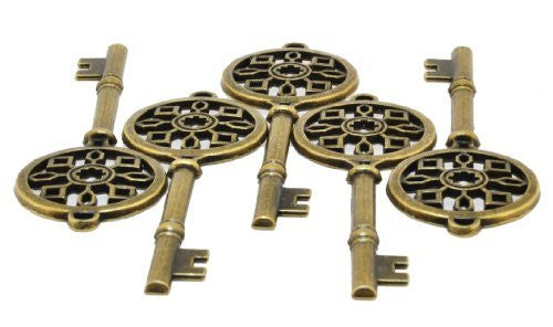 Wholesale Lot of 5 Large Skeleton Key Charms with Antique Brass Finish