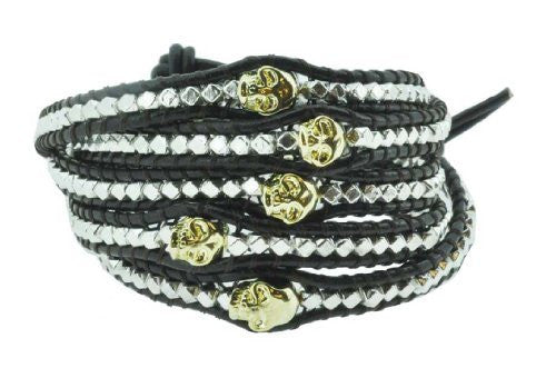 Stackable Skull Beads on Brown PU Leather Wrap Bracelet