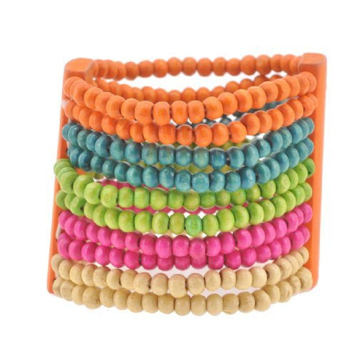 Colorful Wood Stretch Bracelet, Pink, Green, and Orange