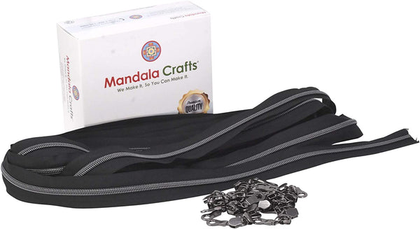 Mandala Crafts Metallic Zipper by The Yard Bulk 10 Yard Black Zipper Roll  for Sewing, Upholstery with 25 Gun Metal Sliders, 5 Nylon Coil; by