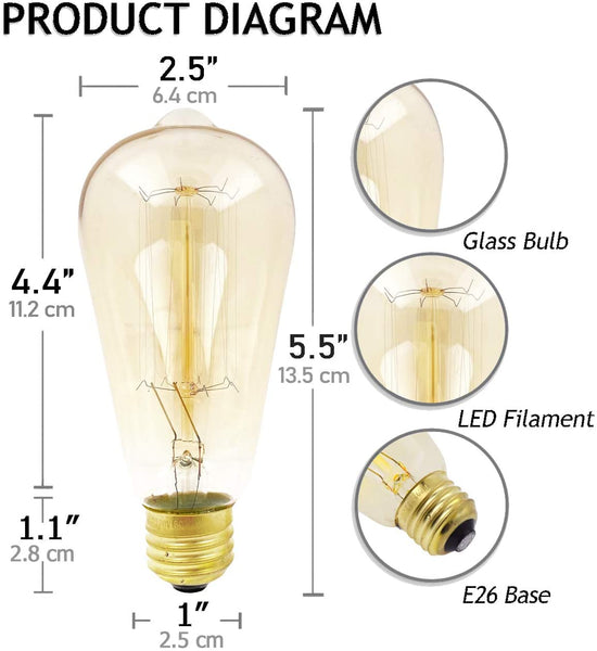 Vintage Edison Light Bulbs - ST64 Dimmable 60-Watt Incandescent Lightbulbs -Decorative Antique Style Filament Soft Warm White Hue E26 Base 4 Pack by Mandala Crafts