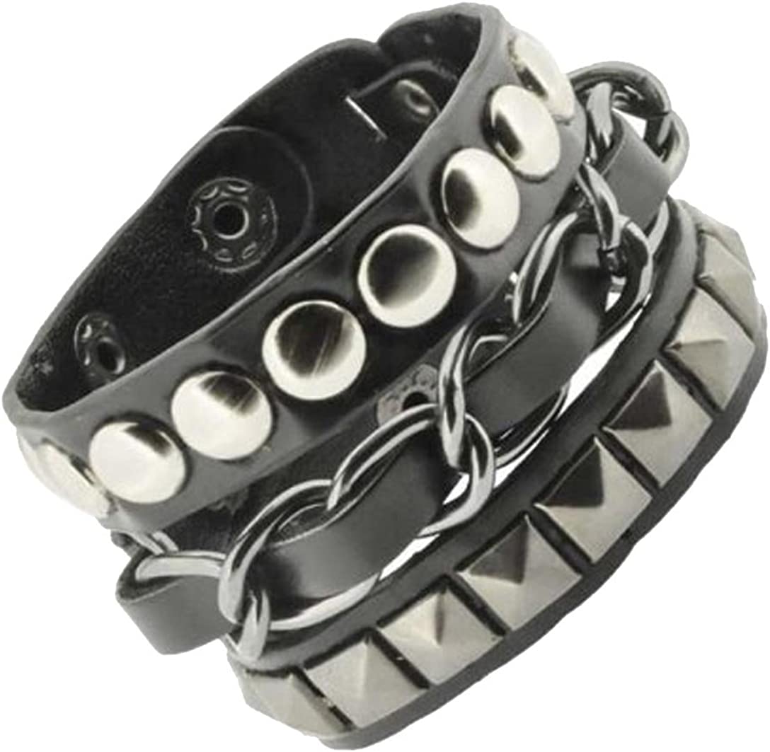 Mandala Crafts Leather Biker Bracelet for Men Women - Punk Bracelet for Men Women - Black Gothic Bracelet Layered Punk Studded Bracelet with Metal Chain