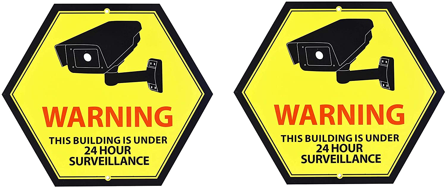 Mandala Crafts 24 Hour Video Surveillance Sign, Security Camera Sign, Aluminum Warning Sign for Outdoors, Homes, Businesses, CCTV Recording 2-Pack Yellow Hexagon