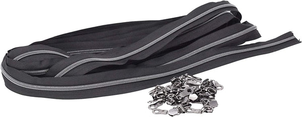 Metallic Zipper by The Yard Bulk 10 Yard Black Zipper Roll for Sewing, Upholstery with 25 Gun Metal Sliders, 5 Nylon Coil; by Mandala Crafts