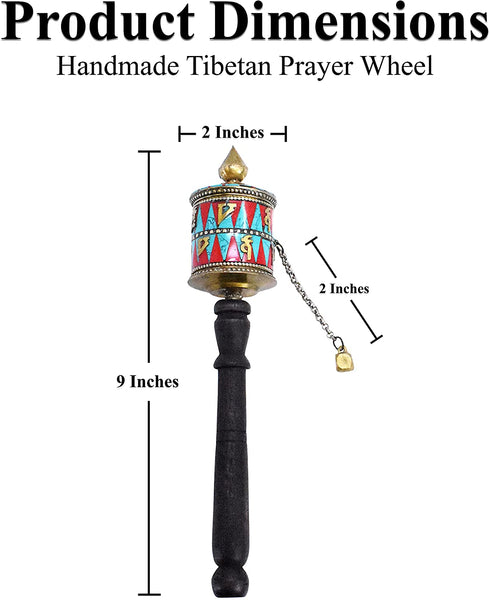 Mudra Crafts Hand Held Tibet Prayer Wheel – Tibetan Prayer Wheel Handheld Spinning Wheel with Om Mani Padme Hum Stone Inlay for Gifts Nepal Decor Large