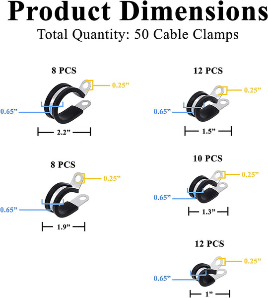 Mandala Crafts Cable Clamps – Wire Clamps for Electric Wires - Stainless Steel Rubber P Clamp R-Type Cable Clamp Kit for Brake Line 1/4 3/8 1/2 3/4 1 Inch 50 PCs