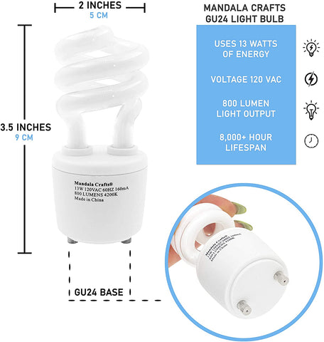 GU24 Light Bulb – CFL 13 w 120 v 60 hz Light Bulb – Compact Fluorescent Lightbulb with Two Prong Base T2 Mini Spiral 4 Pack Cool White by Mandala Crafts