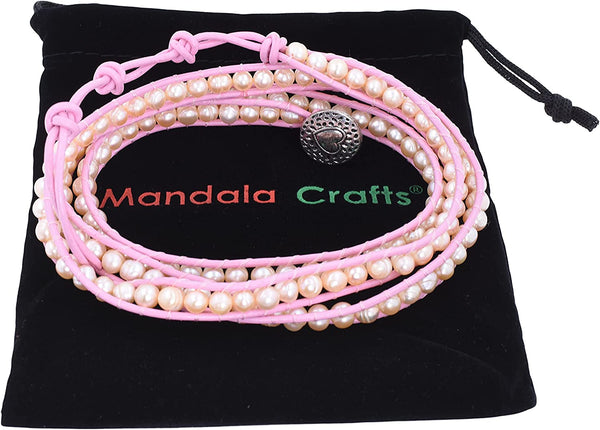 Mandala Crafts Leather Stackable Bohemian Bracelet for Women – Pink Layering Freshwater Cultured Pearl Beaded Leather Boho Wrap Bracelet – Hippie Multi Layered Bracelets for Women