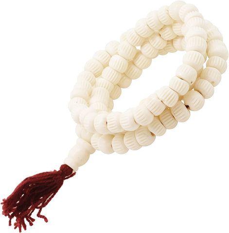 Yoga Meditation Carved Yak Bone 108 Prayer Beads Mala Necklace with a Charm