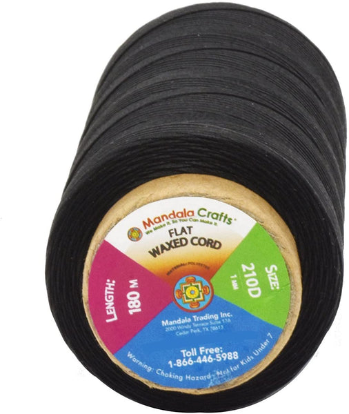 Mandala Crafts 150D 210D 0.8mm 1mm Leather Sewing Stitching Flat Waxed Thread String Cord (210D 1mm 180M, Black)