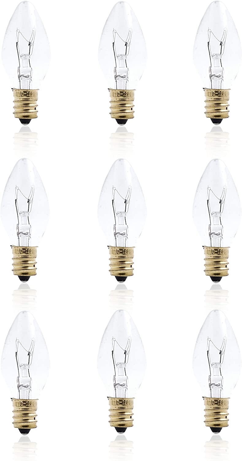 Night Light Bulb with Candelabra E12 Base, C7 7-Watt 120V Small Clear Glass Salt Lamp Chandelier Candle Replacement Incandescent Lightbulb by Mandala Crafts, Pack of 9