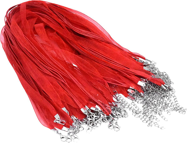 Mandala Crafts DIY Necklace Cord - Organza Ribbon Necklace Cord with Clasp - Multi Cord Necklace Bulk Ribbon Necklaces for Pendants Jewelry Making 30 PCs (Red)