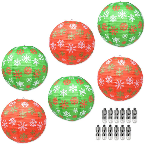 Mudra Crafts Christmas Paper Lanterns with Led Lights, Chinese Decorative Round Holiday Party Hanging Ornament Lamp Set, Traditional Red Green