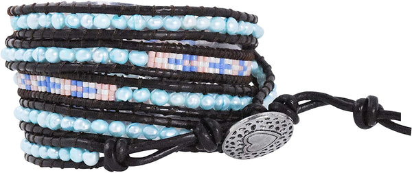 Mandala Crafts Stackable Bohemian Bracelet for Women – Layering Freshwater Cultured Pearl Beaded Leather Boho Wrap Bracelet – Hippie Multi Layered Bracelets for Women White and Black