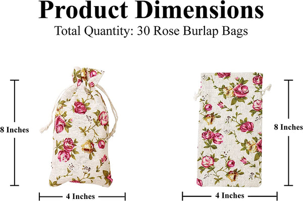 Rose Burlap Drawstring Bags - Floral Gift Bags Flower Linen Burlap Bags  with Drawstring Small Pouches for Wedding Party Favor Jewelry