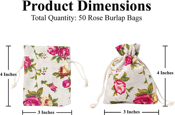 Mandala Crafts Rose Burlap Drawstring Bags - Floral Gift Bags – Flower Linen Burlap Bags with Drawstring Small Pouches for Wedding Party Favor Jewelry