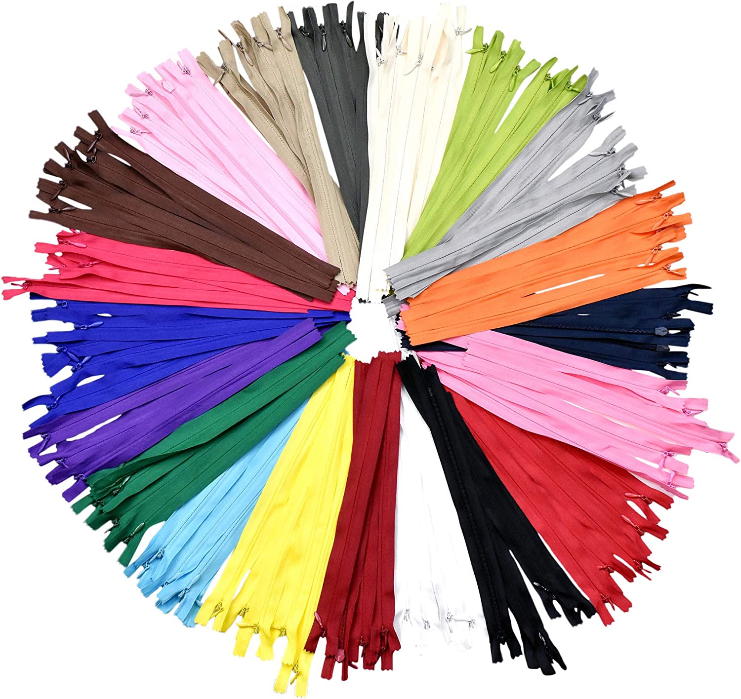 Nylon Invisible Zipper for Sewing, 14 Inch Bulk Hidden Zipper Supplies in 20 Assorted Colors; by Mandala Crafts
