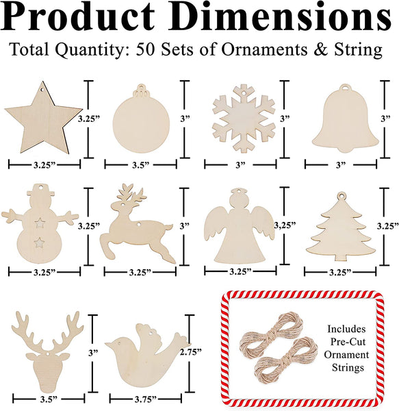 Mandala Crafts 50 Sets Unfinished Wood Christmas Ornaments for Crafts - DIY Unfinished Wood Ornaments for Crafts – Bulk Blank Wooden Christmas Ornaments for Xmas Tree Hanging Decoration
