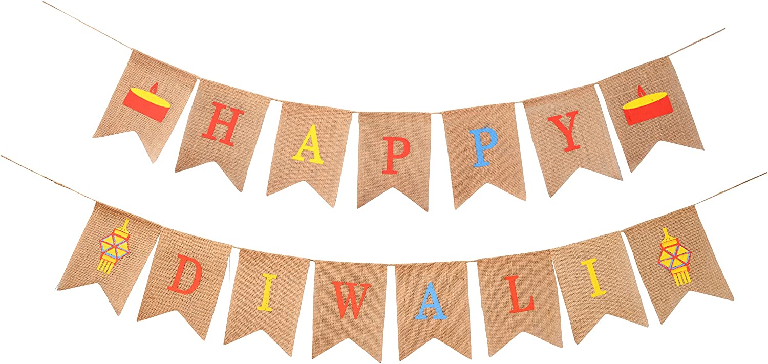 Mandala Crafts Burlap Happy Diwali Banner Decoration - Happy Diwali Decorations for House - Indian Diwali Festival of Lights Happy Diwali Sign Bunting Garland for Indoor Outdoor Diwali Party Decorations