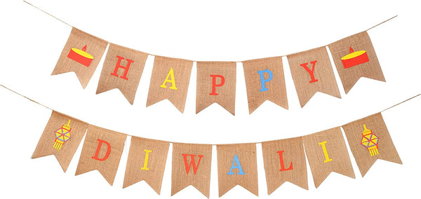 Mandala Crafts Burlap Happy Diwali Banner Decoration - Happy Diwali Decorations for House - Indian Diwali Festival of Lights Happy Diwali Sign Bunting Garland for Indoor Outdoor Diwali Party Decorations
