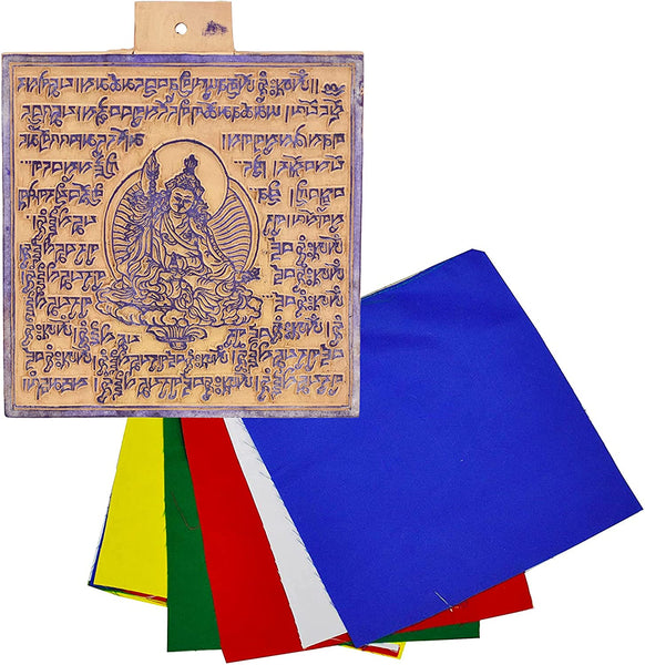 Mudra Crafts Sitatapatra Tibetan Prayer Flags Make Your Own Printing Block – DIY Prayer Flags Making Kit with Blank Prayer Flags - Large 7 Inches Nepalese Prayer Flags DIY Kit