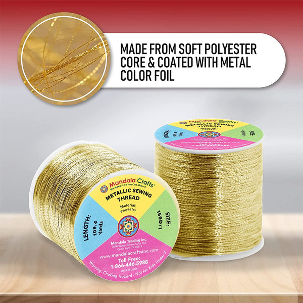 Mandala Crafts Metallic Embroidery Thread Set – Gold Metallic Thread for Sewing Machine and Hand Decorative Sewing – 218 Yards 200M Gold Thread for Embroidery Needle Work