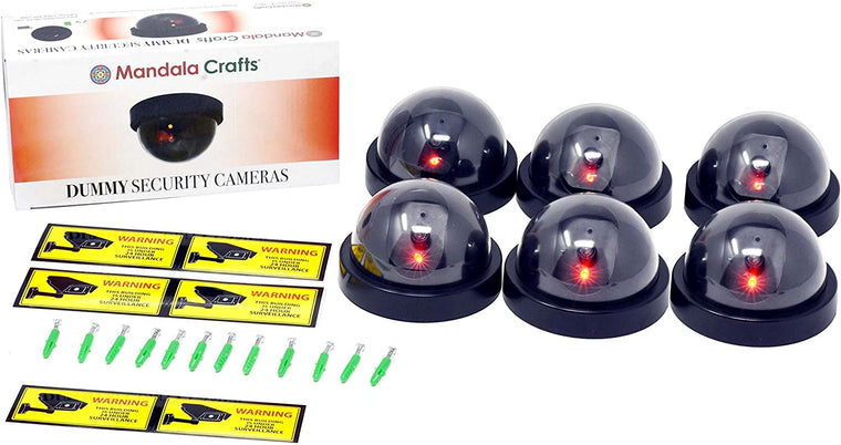 Fake Security Camera - Dummy Security Camera CCTV Dome Surveillance with Flashing Red LED Light for Home Business Indoor Outdoor by Mandala Crafts Pack of 6