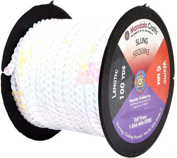 Mandala Crafts Flat Sequin Strip Trim on Strings for Crafts, Fringe, and Sewing; White 6mm 100 Yard Roll