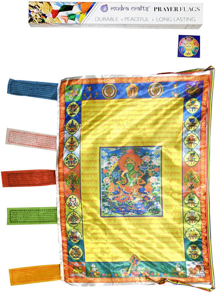 Mudra Crafts Tibetan Buddhist Indoor Outdoor Satin Windhorse Vertical Prayer Flags (Green Tara)