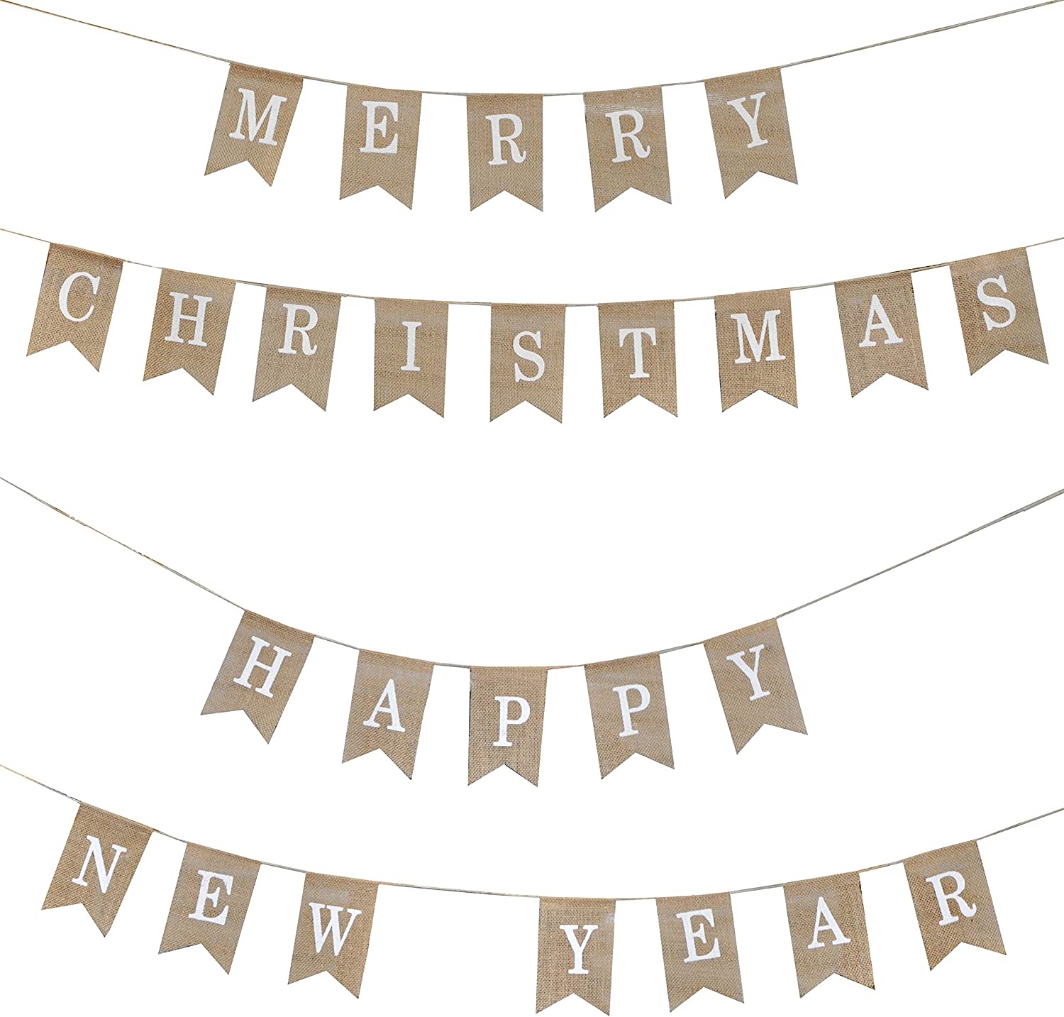 Mandala Crafts Merry Christmas Banner, Happy New Year Banner from Burlap, Fabric Pennant Bunting String, Pendant Flags Party Decoration