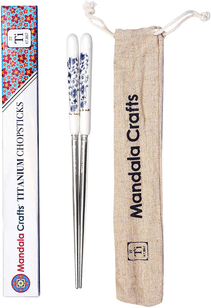 Mandala Crafts Reusable Titanium Chopstick Set with Case for Adults and Kids; Portable and Dishwasher Safe, Pack of 1 Pair, Oval Floral Handle
