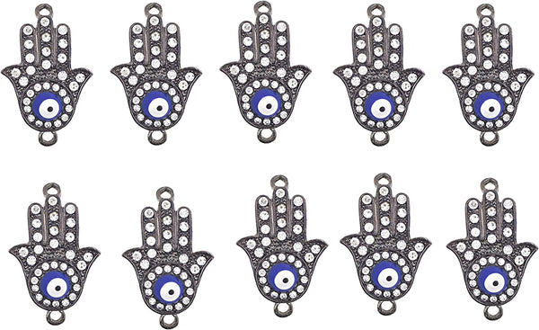 Gun Metal Hamsa Hand Evil Eye Charm Beads 10 PCs for Jewelry Making, Ornaments; by Mandala Crafts