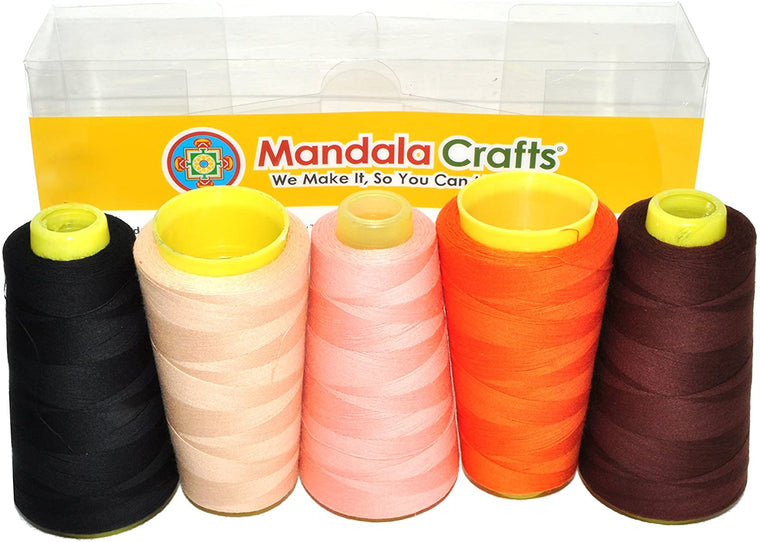 Mandala Crafts Quilting Cotton Thread Cone for Machine and Hand Sewing, 100 Percent Natural Mercerized, 50 wt (5 Rolls 6000 Yards, Black Pink Teal Beige Dark Red Combo 2)