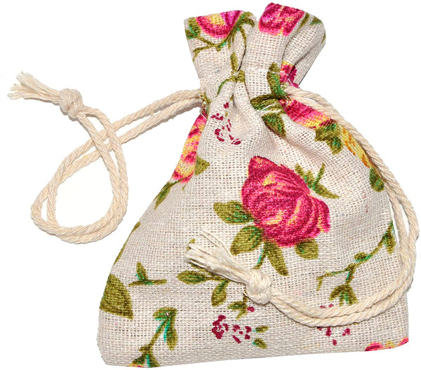 Mandala Crafts Rose Flower Natural Burlap Drawstring Gift Bag, Linen Floral Pattern Pouch for Party Favor, Jewelry, Wedding, Candles, Tea, Coffee (5X7 Inches, 50 Bags)