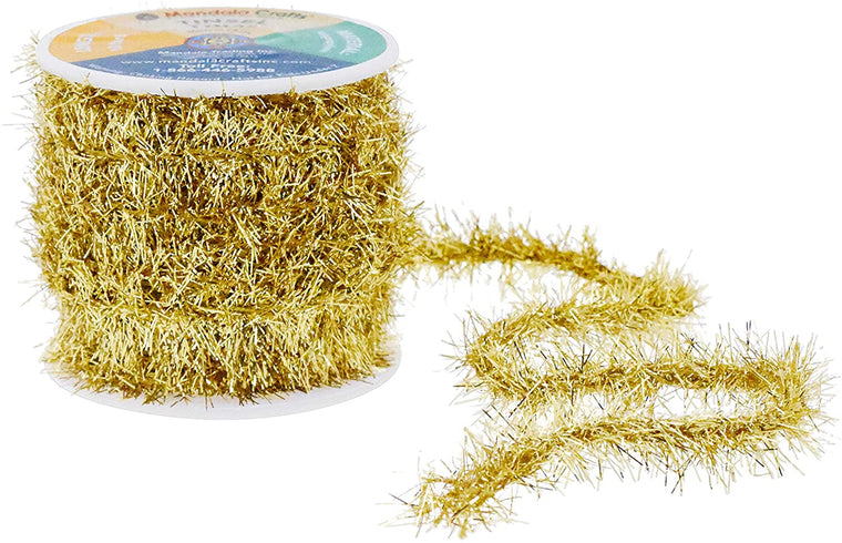 Mandala Crafts Tinsel Garland Décor – Thin Tinsel Ribbon - Metallic Mini Garland with Wire for Christmas Tree Decoration Wedding Birthday Party Supplies Gold 0.75 Inch 10 Yards