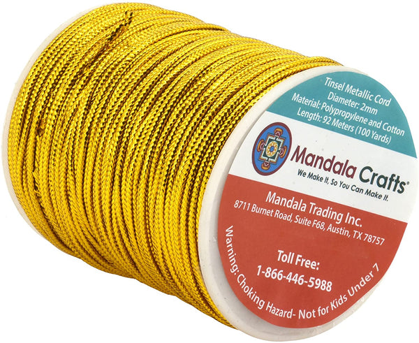 Mandala Crafts Metallic Cord Tinsel String Rope for Ornament Hanging, Decorating, Gift Wrapping, Crafting; Non Elastic 2mm 100 Yards, Light Gold