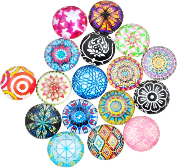 Mandala Crafts Round Glass Cabochon Beads with Printed Mosaic for Jewelry Making, Crafting, 200 PCs, Dome Shape, Flat Back