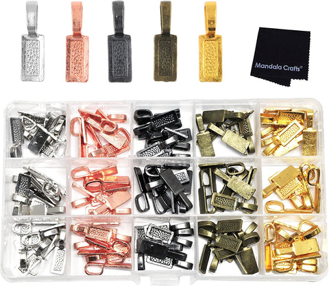 Mandala Crafts Glue on Bails for Pendant Jewelry Making, Cabochon Setting Mix Kit; Gunmetal, Antique Bronze, Rose Gold, Gold, Silver Tone Leaf 225 PCs