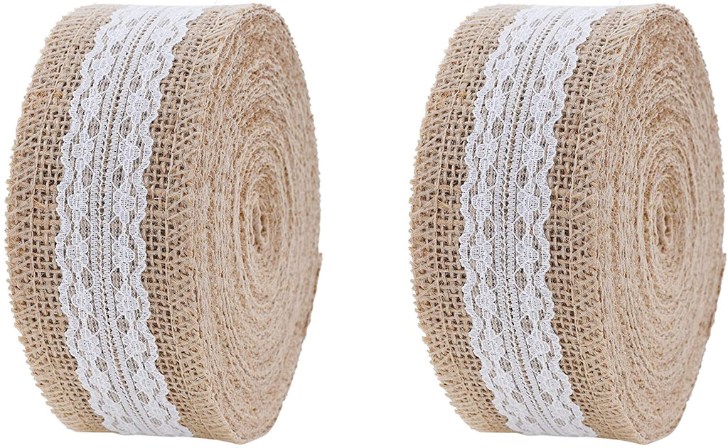 Burlap Ribbon with Lace Unwired 20 Yards Rustic Jute Ribbon for Crafts,  Mason Jars, Weddings, Party Decoration; by Mandala Crafts