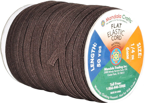 Mandala Crafts Flat Elastic Band, Braided Stretch Strap Cord Roll for Sewing and Crafting; 1/4 inch 6mm 50 Yards Brown