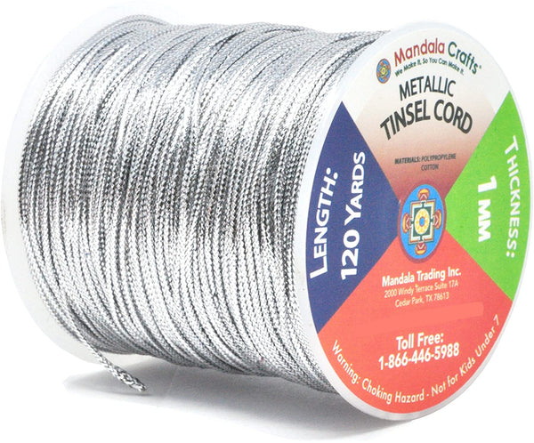 Mandala Crafts Metallic Cord Tinsel String Rope for Ornament Hanging, Decorating, Gift Wrapping, Crafting; Non Elastic 1mm 120 Yards, Silver