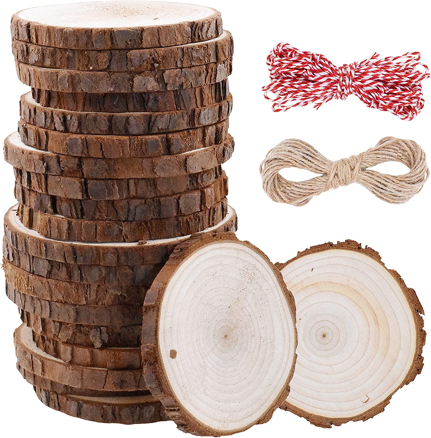 Mandala Crafts Natural Wood Slices for Centerpieces Crafts – Predrilled Wooden Circles Round Discs with Bark for Wood Burning Projects Arts Coaster Table Décor 20 PCs