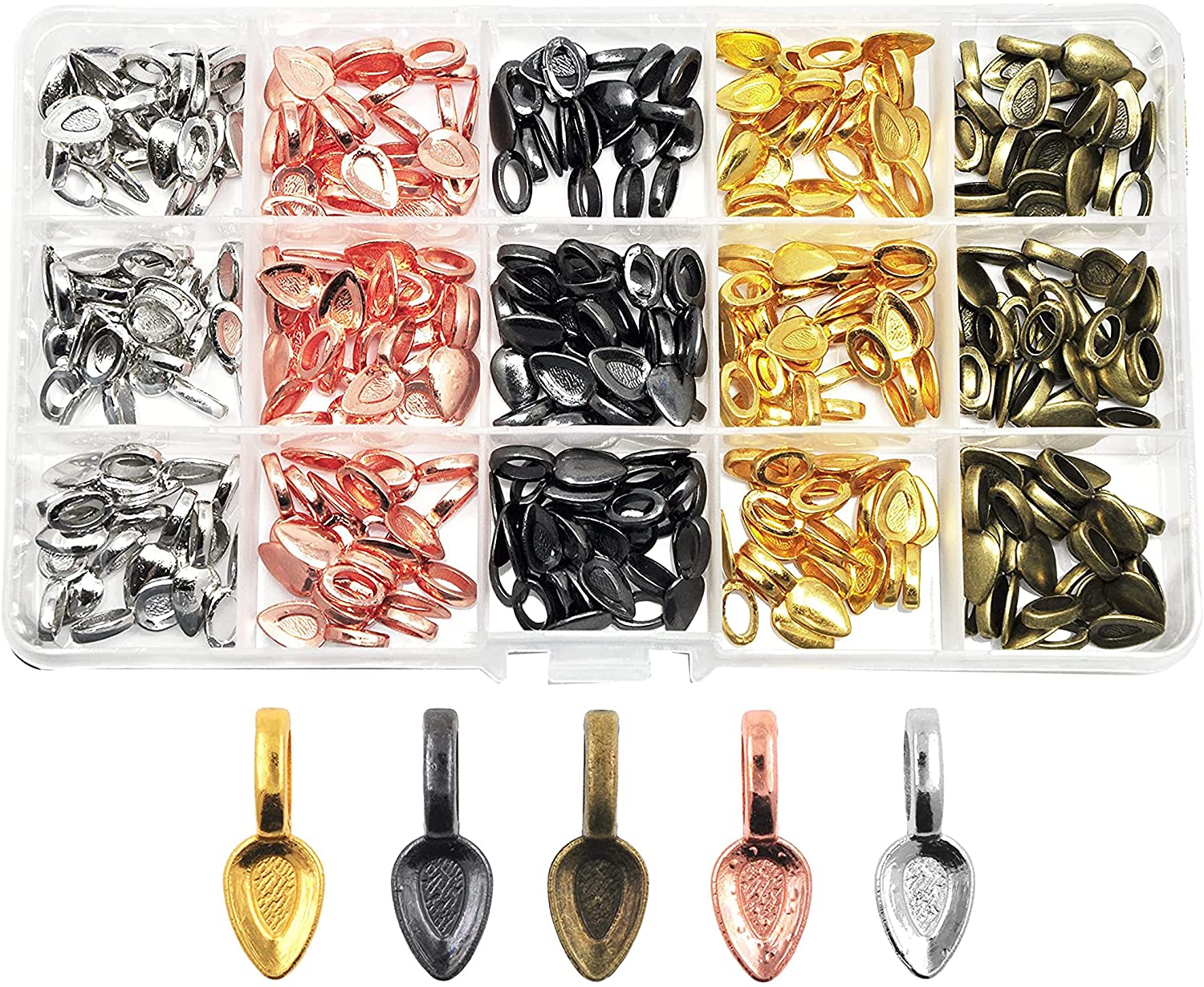 Mandala Crafts Jewelry Glue on Bails for Pendants – Pendant Bails for Jewelry Making – Jewelry Pendant Bail Kit 225 PCs Gunmetal Antique Bronze Rose Gold Silver
