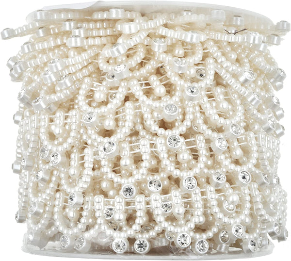 Mandala Crafts Flatback Pearl Applique Banding - Crystal Pearl Trim - 0.75 Inch 10 YDs Pearl Rhinestone Trim Lace Ribbon for Sewing Bridal Dress Decor Weddings Party Christmas Decorations