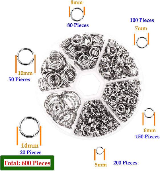 Mandala Crafts Double Split Rings for Keychains – Stainless Steel Double Jump Rings for Jewelry Making Small Key Rings Keys Chandelier Suncatchers Assorted Sizes 600 PCs Silver